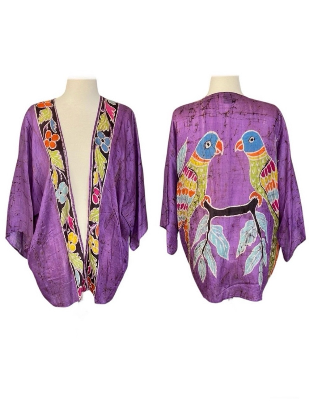 Chez Zvanni Vintage Silk Floral Parrot Print Bird Kimono Open Front Top Cover Up